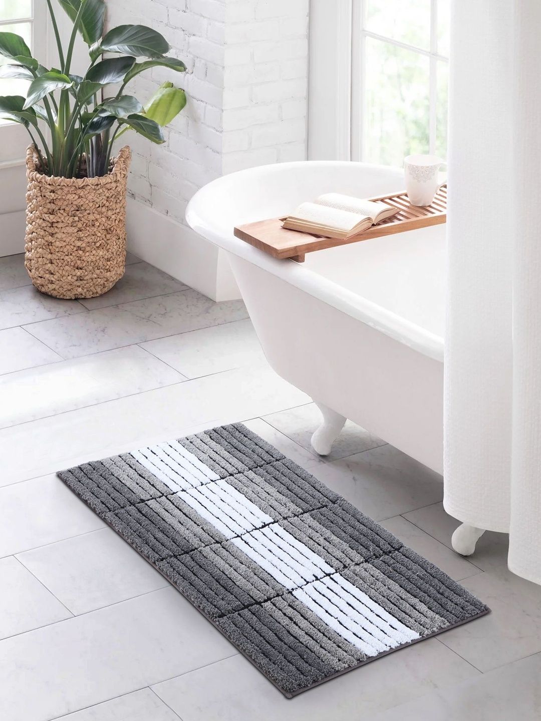 OBSESSIONS Charcoal & White Striped Anti-Skid 1960 GSM Bath Rugs-image-12