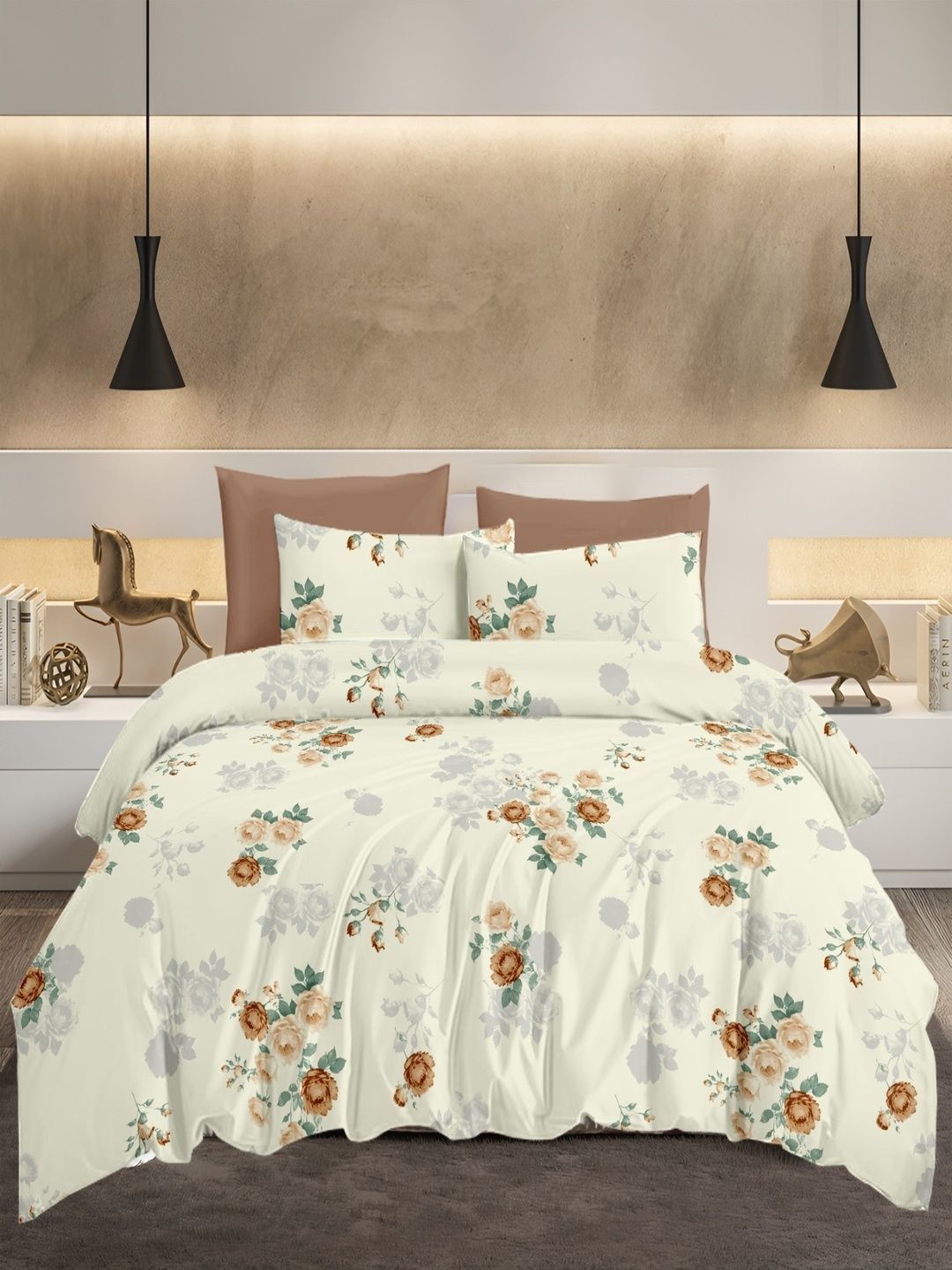 Sangria Cream-Coloured Floral 210 TC King Bedsheet with 2 Pillow Covers-image-37