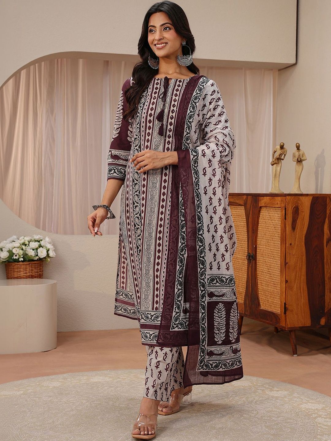 Libas Maroon Ethnic Printed Cotton Straight Suit Set-picture-46