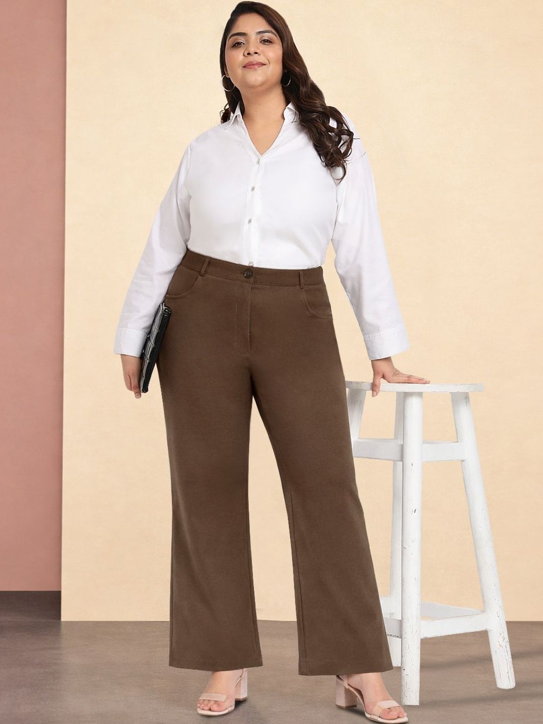 wild U Women Brown Plus Size Straight Extra Stretch Trousers-picture-28
