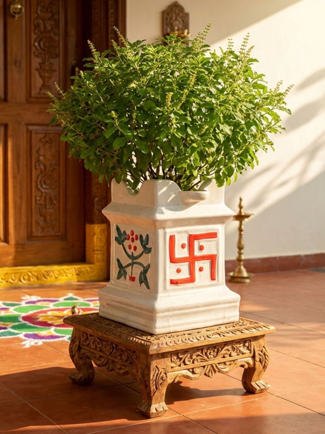 ecofynd Off-White & Red Ceramic Tulsi Planter-image-18