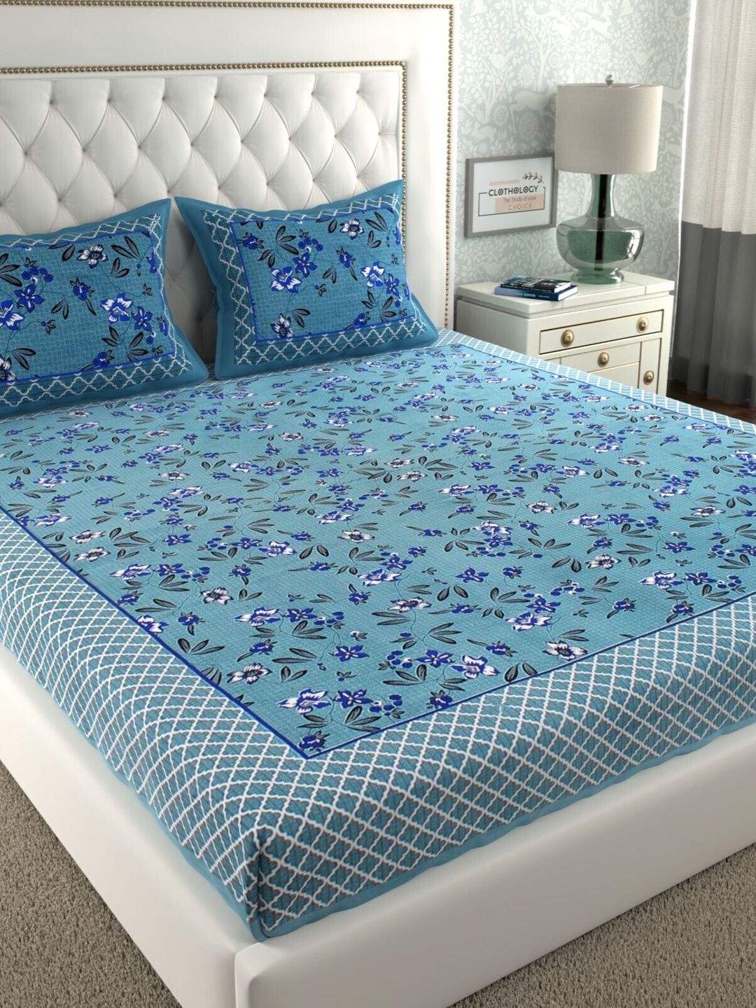 CLOTHOLOGY Blue & White Floral 104 TC King Bedsheet with 2 Pillow Covers-image-18