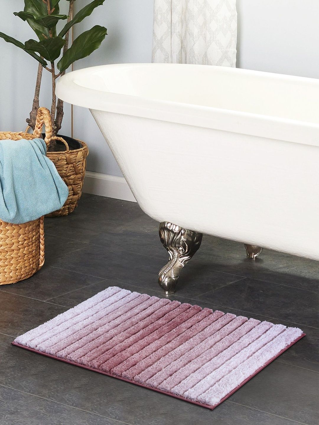 OBSESSIONS Mauve & White Striped Anti-Skid 1960 GSM Bath Rugs-picture-43