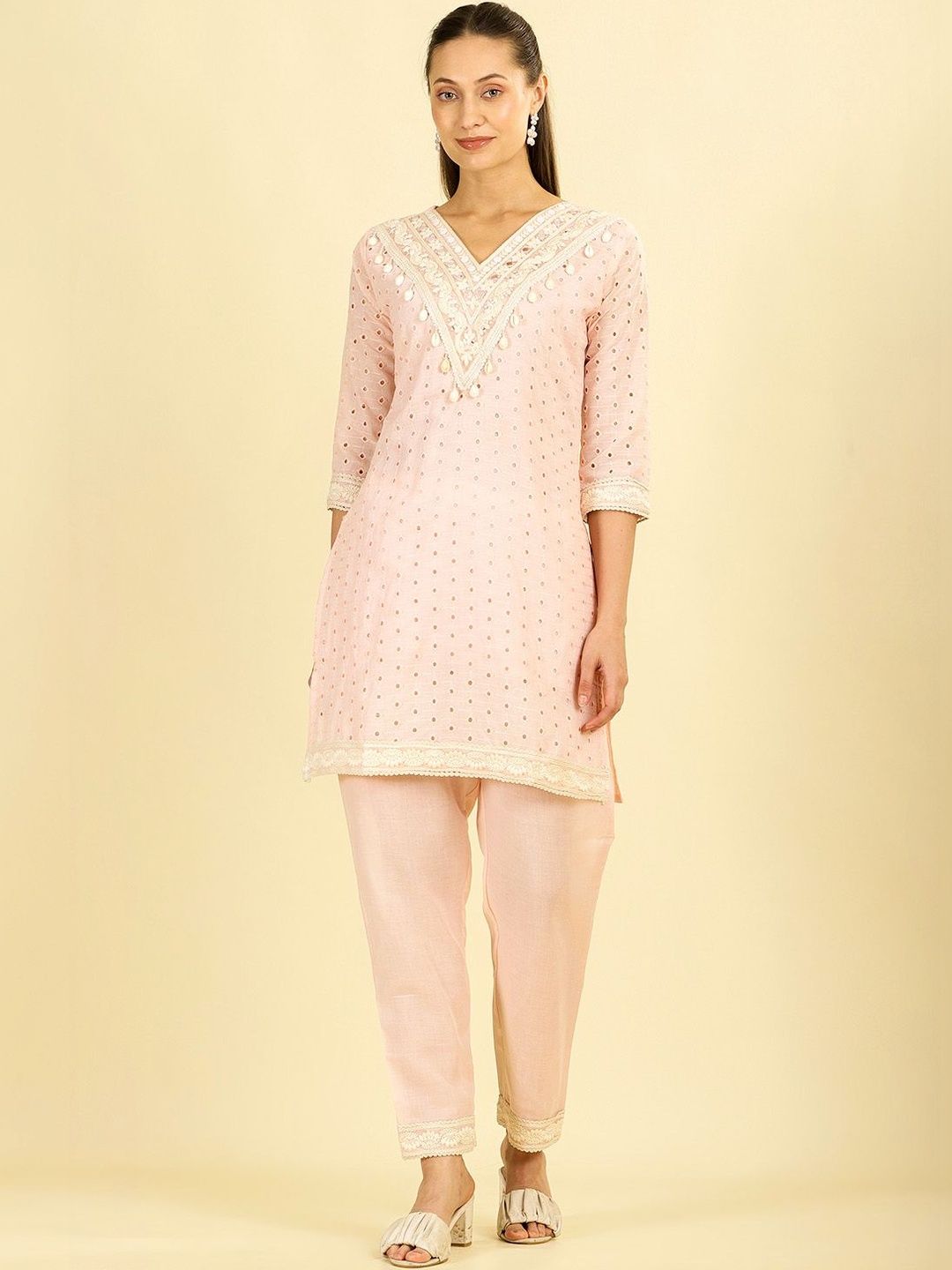 MEENA BAZAAR Since 1970 Embellished V-Neck Mirror Work Mirror Work Kurti-picture-52