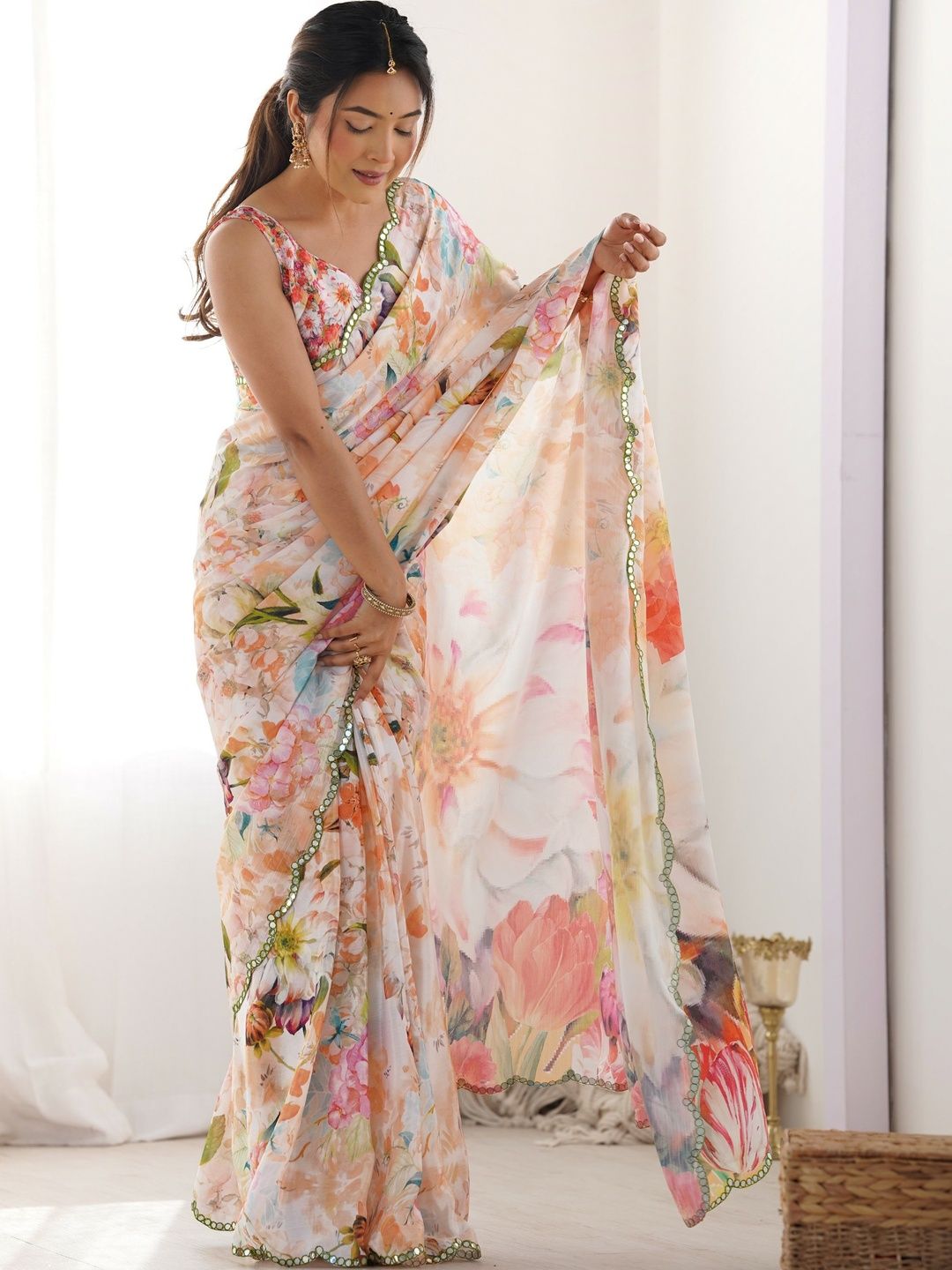 Koodii Designers Floral Mirror Work Poly Chiffon Saree-picture-12