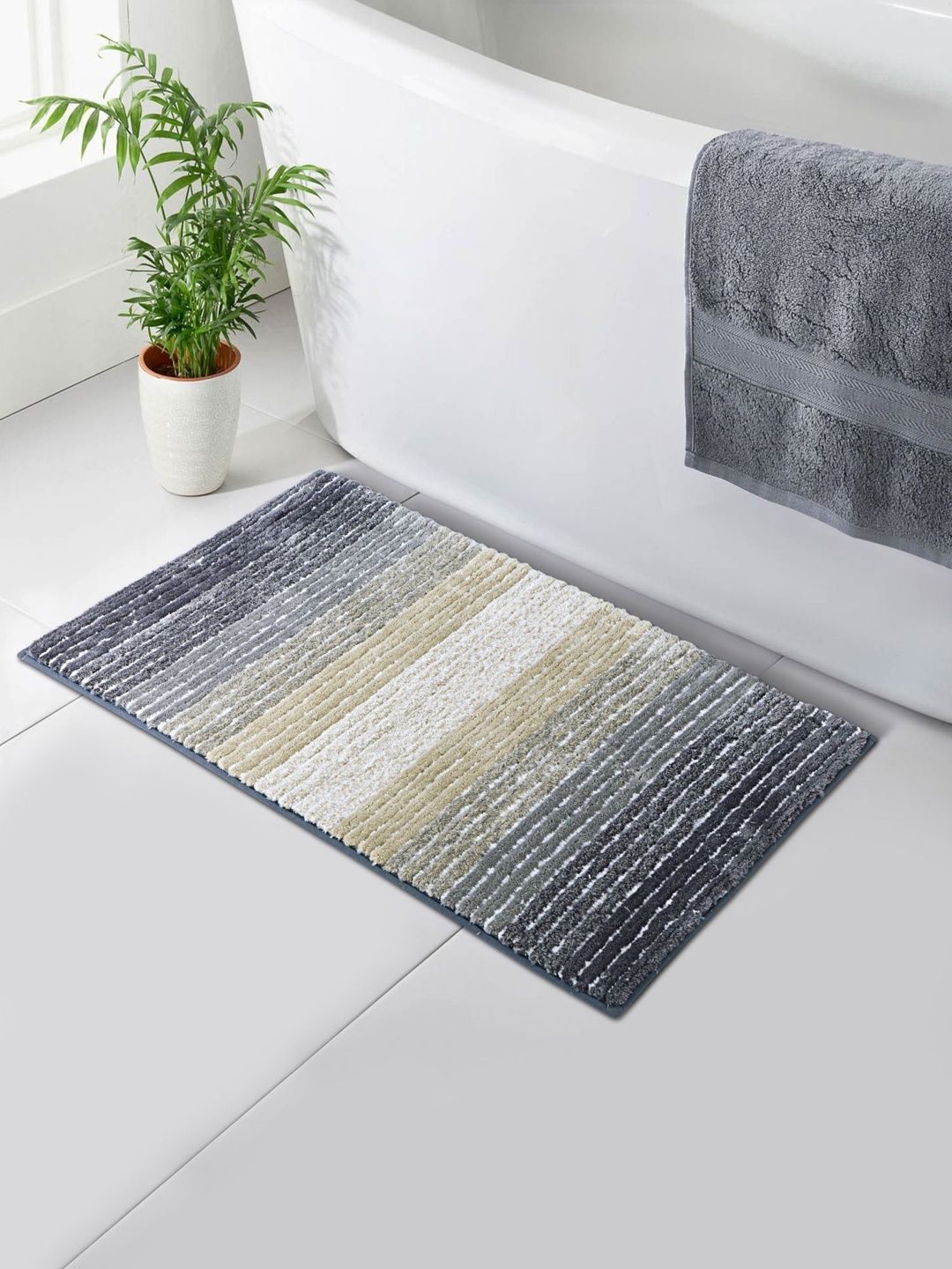 OBSESSIONS Grey & White Striped Anti-Skid 1960 GSM Bath Rugs-picture-40