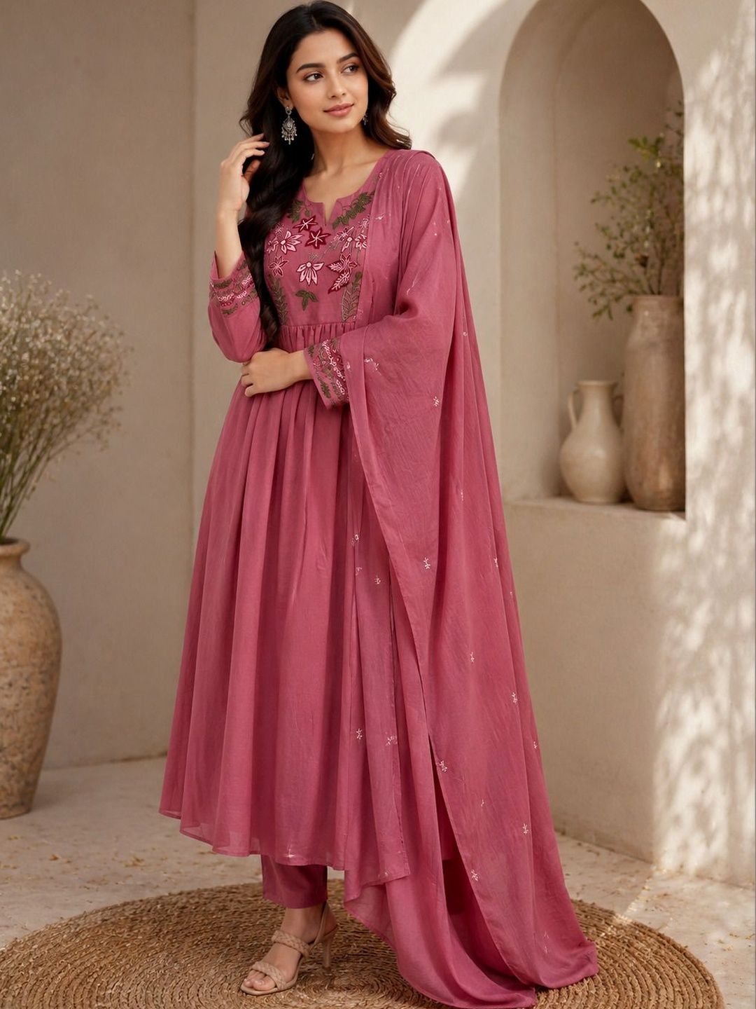 Sangria Women Floral Embroidered Empire Thread Work Pure Cotton Kurta with Trousers & With Dupatta-picture-33