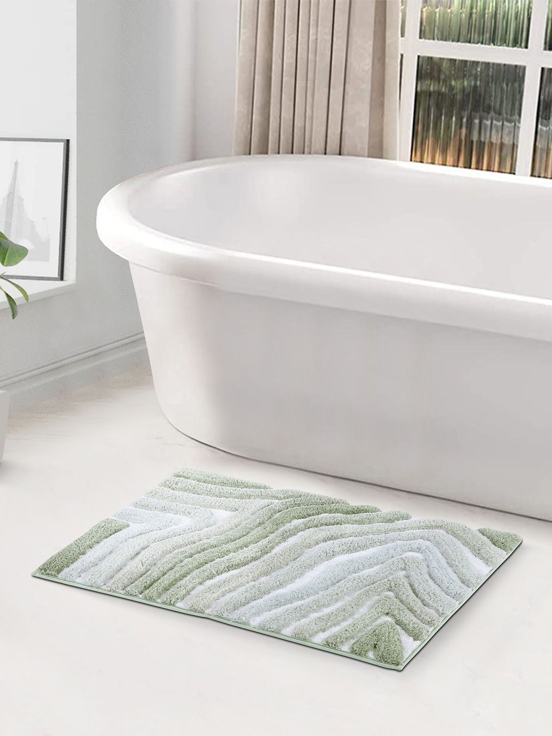 OBSESSIONS Green & White Striped Anti-Skid 1960 GSM Bath Rugs-image-34