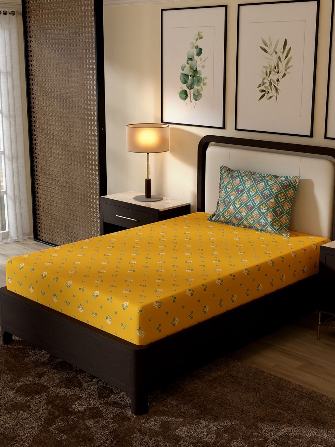 Portico New York Signature Yellow Floral 144 TC Single Bedsheet with 1 Pillow Covers