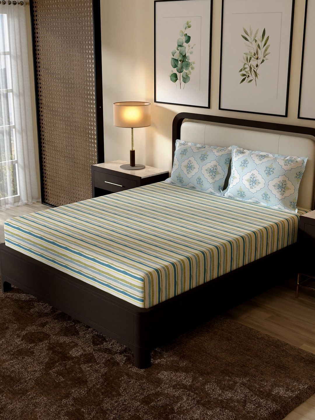 Portico New York Signature Multicoloured Striped 144 TC Bedsheet with 2 Pillow Covers