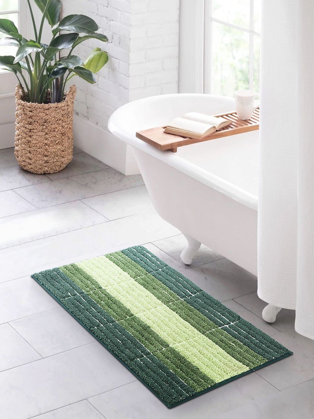 OBSESSIONS Green & White Striped Anti-Skid 1960 GSM Bath Rugs-image-35