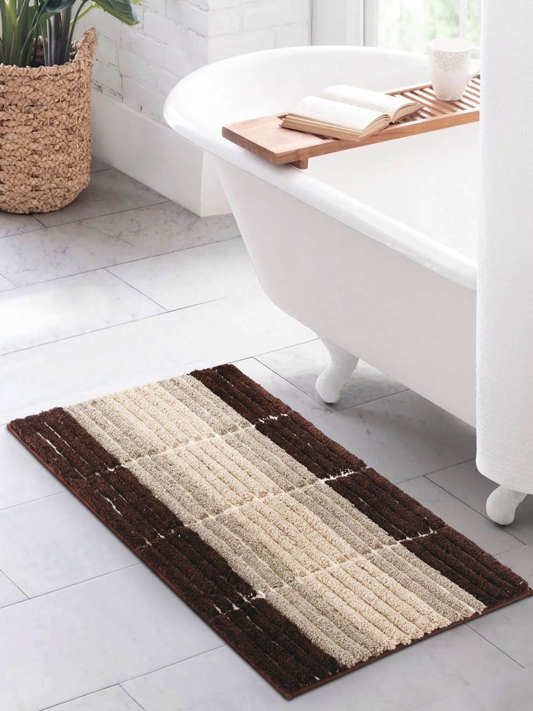 OBSESSIONS Brown & Beige Striped Anti-Skid 1960 GSM Bath Rugs-image-39