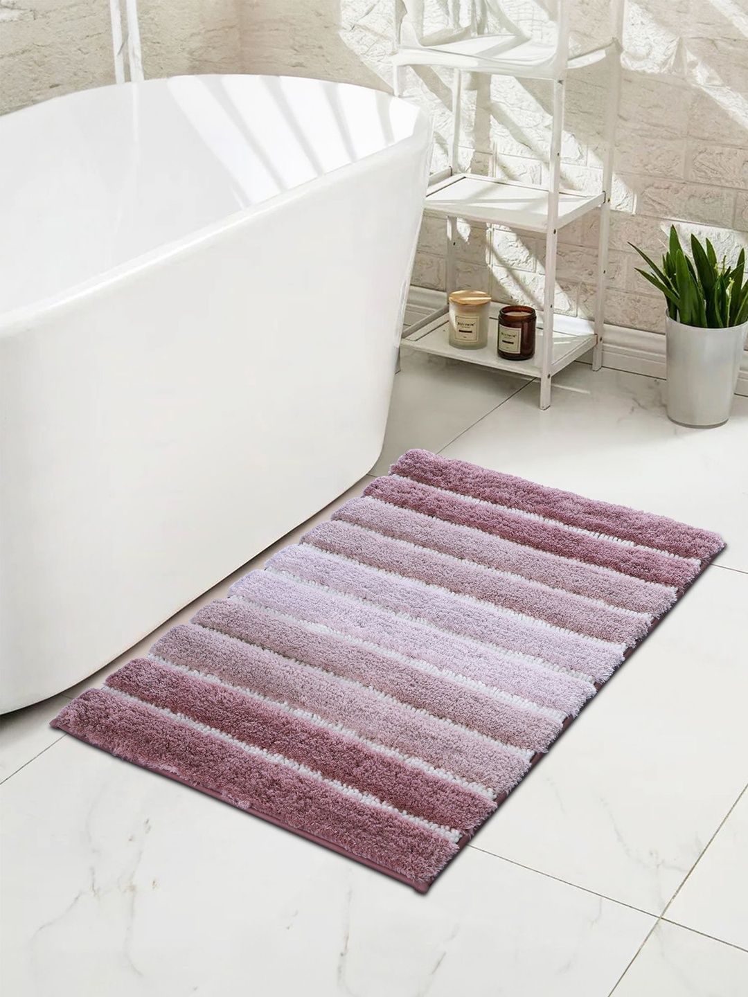 OBSESSIONS Mauve & White Striped Anti-Skid 1960 GSM Bath Rugs-image-1