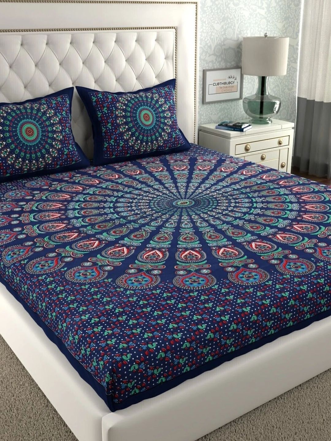 CLOTHOLOGY Navy Blue & Multicoloured Ethnic Motifs 104 TC Bedsheet with 2 Pillow Covers-picture-31