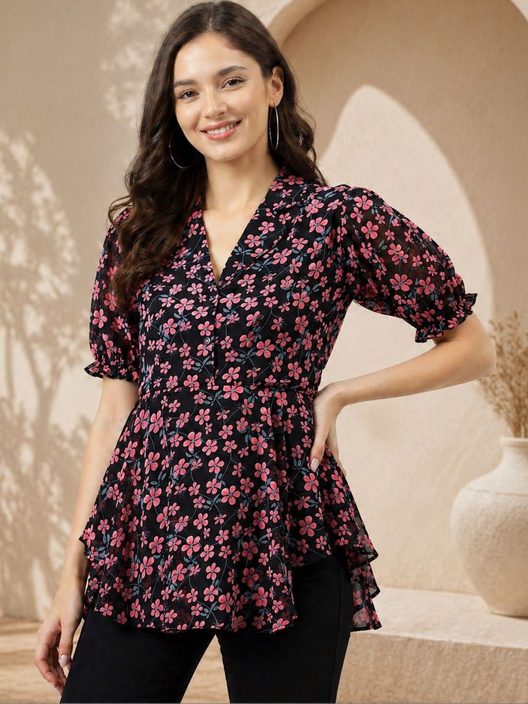 KERI PERRY Floral Printed Puff Sleeve Peplum Top-picture-12