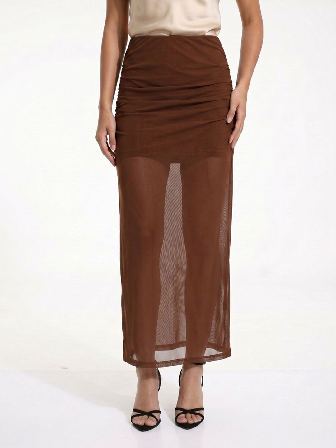 glitchez Women Net Ruched Side Slit Maxi Straight Skirt-picture-56