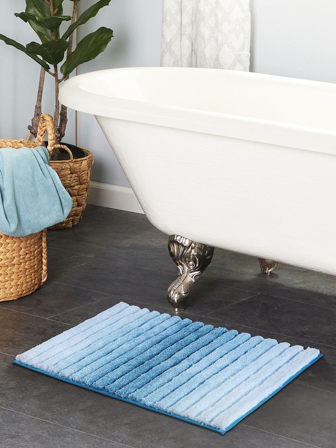 OBSESSIONS Blue & White Striped Anti-Skid 1960 GSM Bath Rugs-image-42