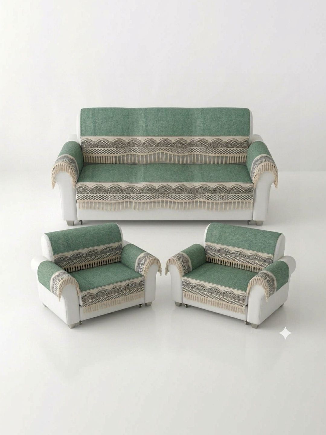 RAINBOW FURNISHINGS Sea Green & Green Printed Cotton Blend Sofa Cover With Arms-picture-28