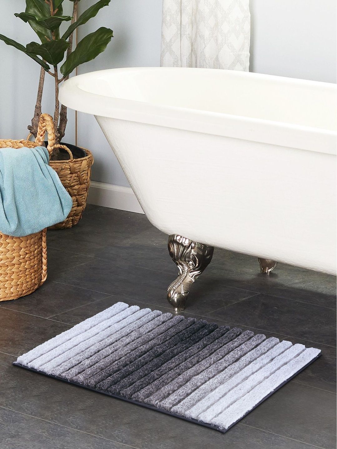 OBSESSIONS Grey & White Striped Anti-Skid 1960 GSM Bath Rugs-picture-38
