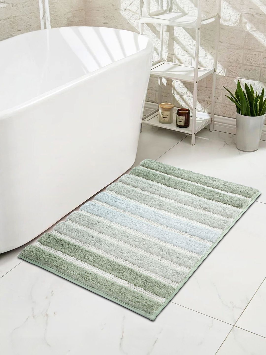 OBSESSIONS Green & White Striped Anti-Skid 1960 GSM Bath Rugs-picture-30