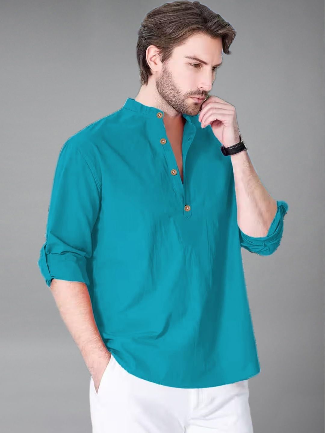 Vashuqi Men Mandarin Collar Long Sleeves Cotton Straight Kurta-picture-49