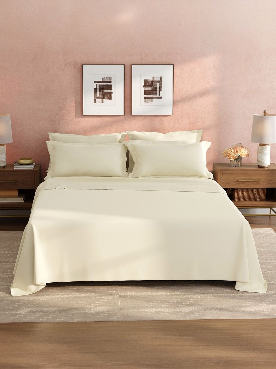 Boutique Living India Cream-Coloured 400 TC Bedsheet with 4 Pillow Covers-image-37