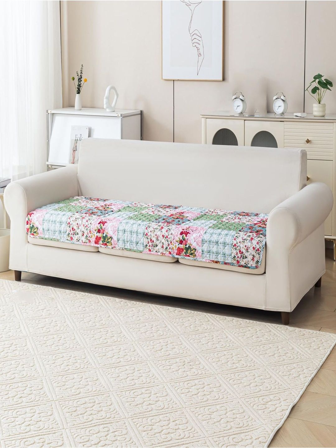 HOUSE OF QUIRK Green & Multicoloured Printed Polyester Blend 1 Piece Sofa Cover Without Arms-image-33