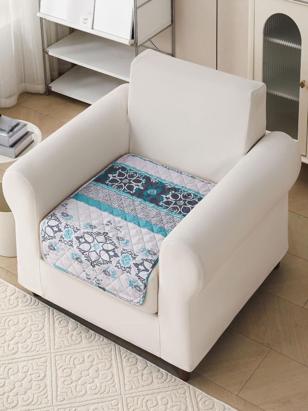 HOUSE OF QUIRK Green & Grey Printed Polyester Blend 1 Piece Sofa Cover Without Arms-image-22