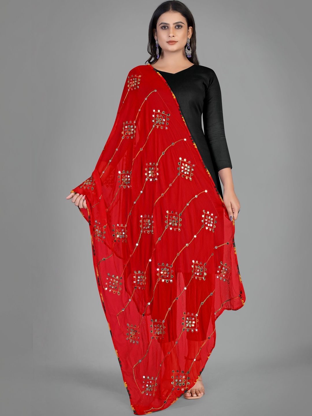KALINI Woven Design Bandhani Dupatta with Mirror Work-picture-39