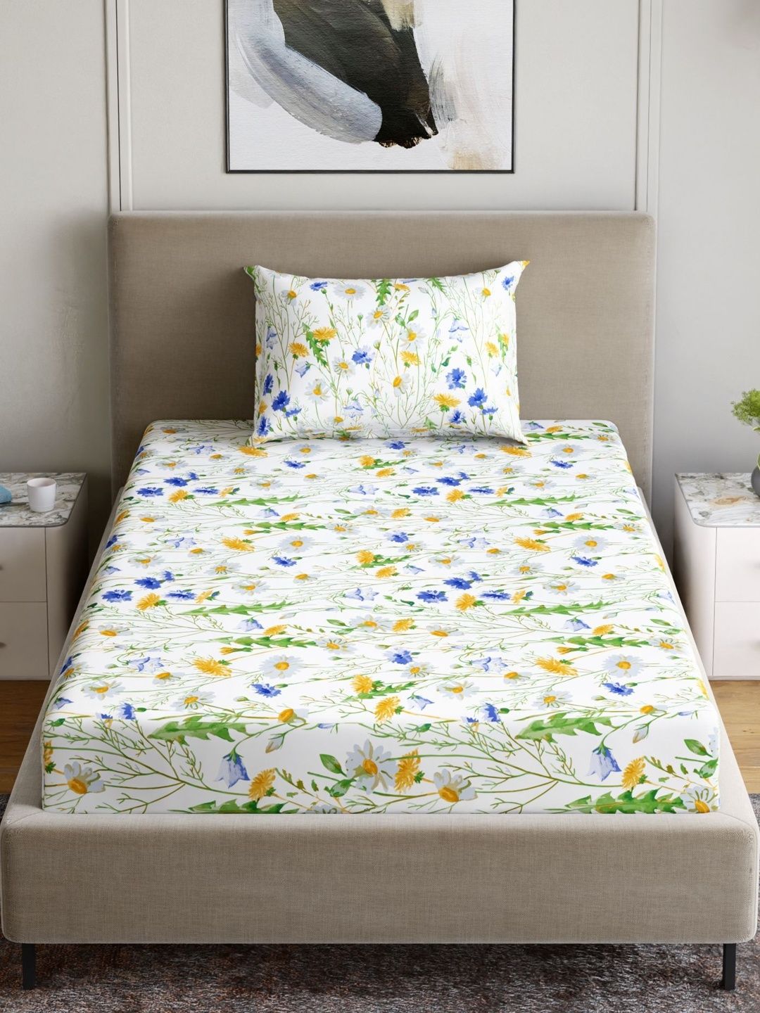 Dreamscape White Floral 180 TC Single Bedsheet with 1 Pillow Covers-picture-12