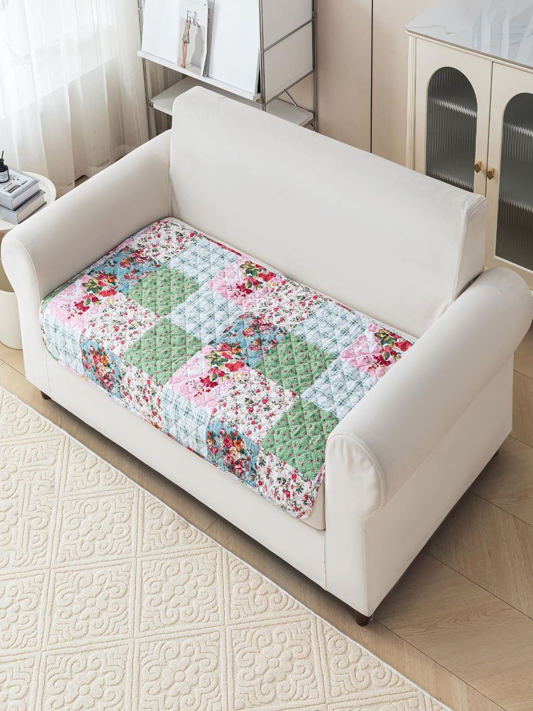 HOUSE OF QUIRK Green & White Printed Polyester Blend 1 Piece Sofa Cover Without Arms-image-30