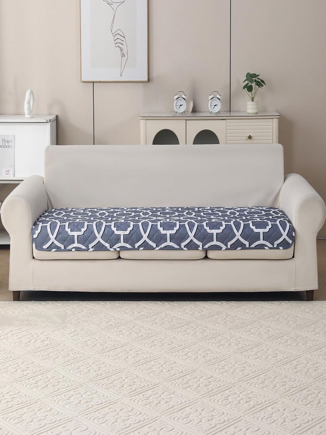 HOUSE OF QUIRK Grey & Grey Printed Polyester Blend 1 Piece Sofa Cover Without Arms-image-23