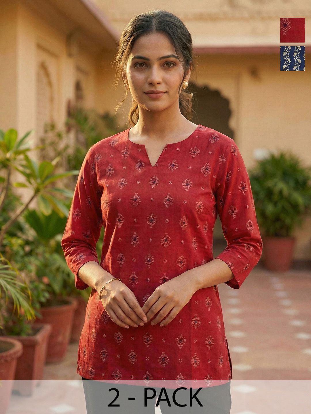 JANKHANA Pack Of 2 Floral Printed Notch Neck Straight Kurtis-picture-34