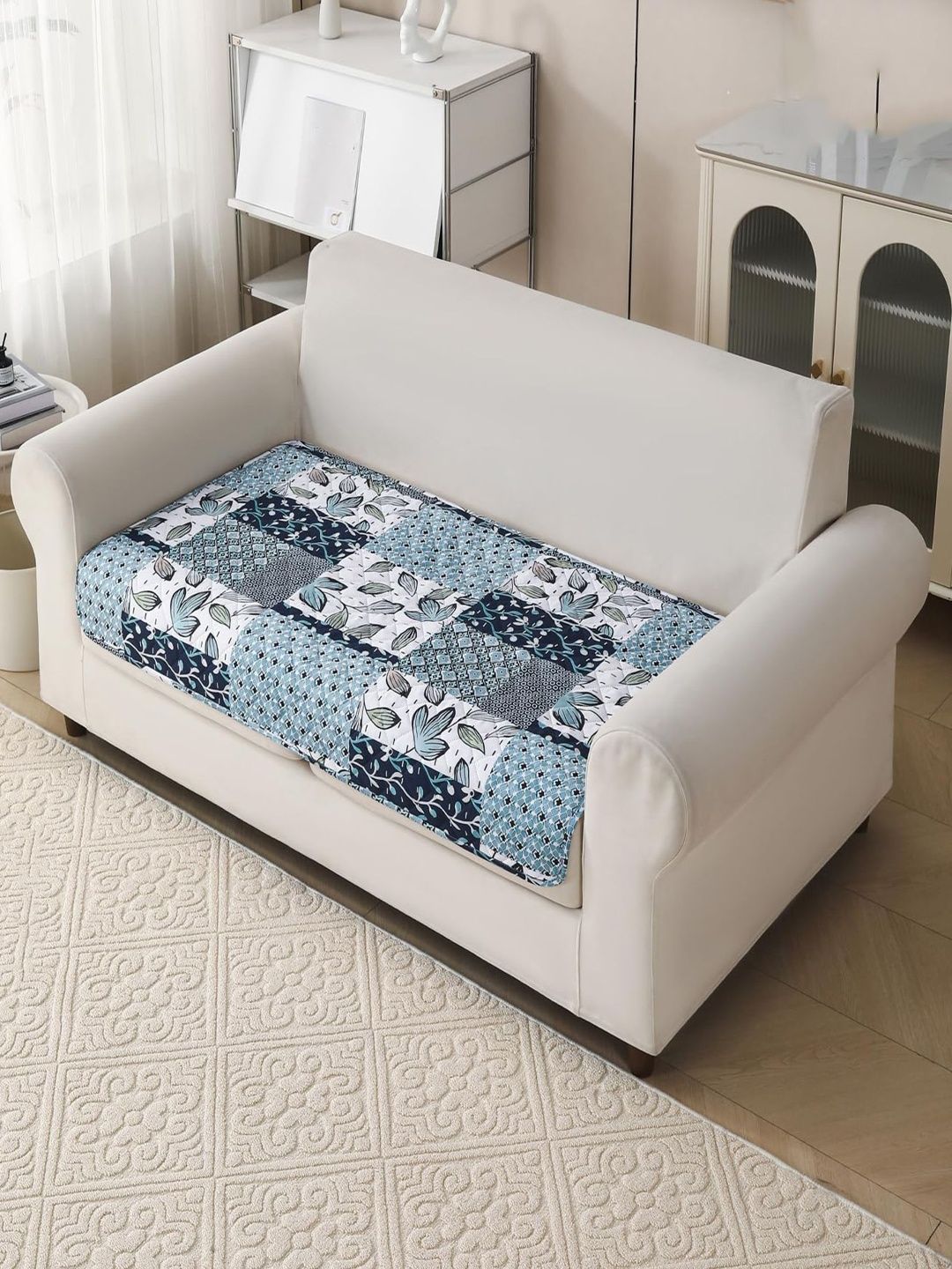 HOUSE OF QUIRK Blue & Blue Printed Polyester Blend 1 Piece Sofa Cover Without Arms-image-28