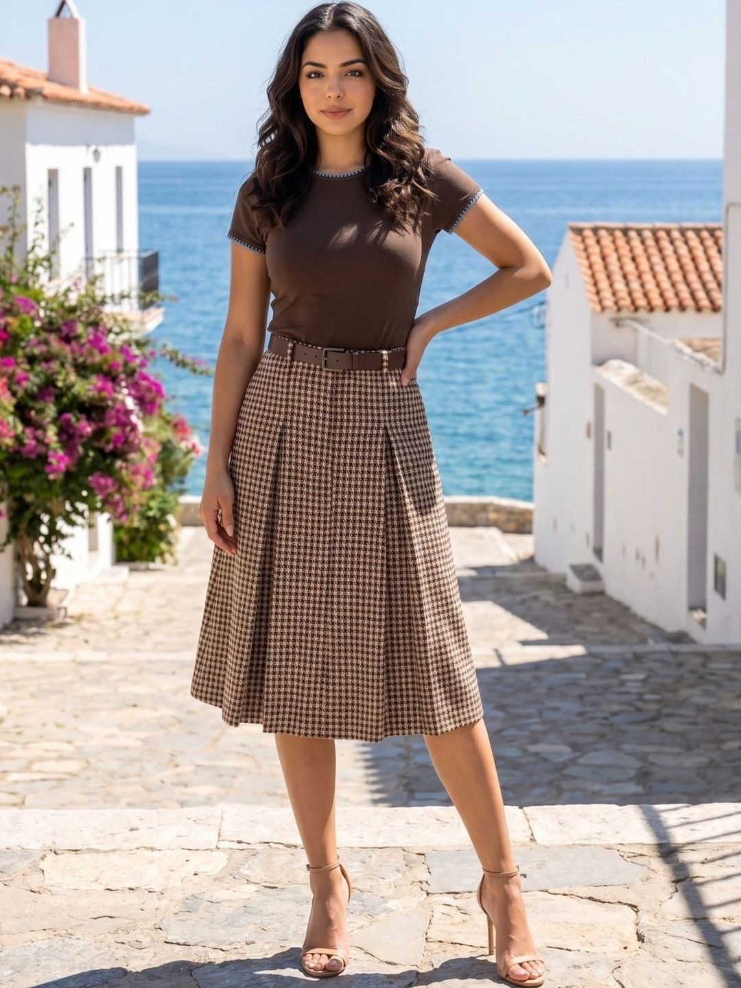 Zucchini Women Checked Knits Knee Length A-Line Skirt-picture-57