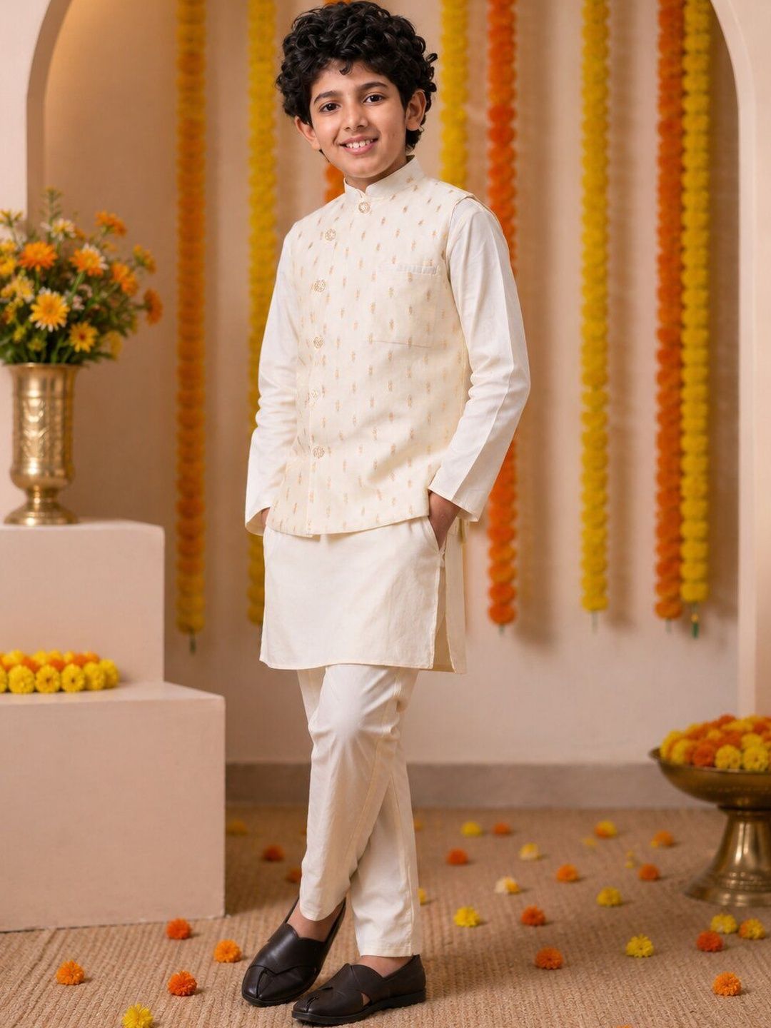 House of Pataudi Boys Regular Pure Cotton Kurta with Trousers-picture-32