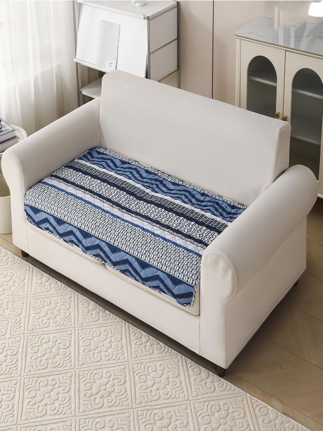 HOUSE OF QUIRK Navy Blue & Blue Printed Polyester Blend 1 Piece Sofa Cover Without Arms-image-7
