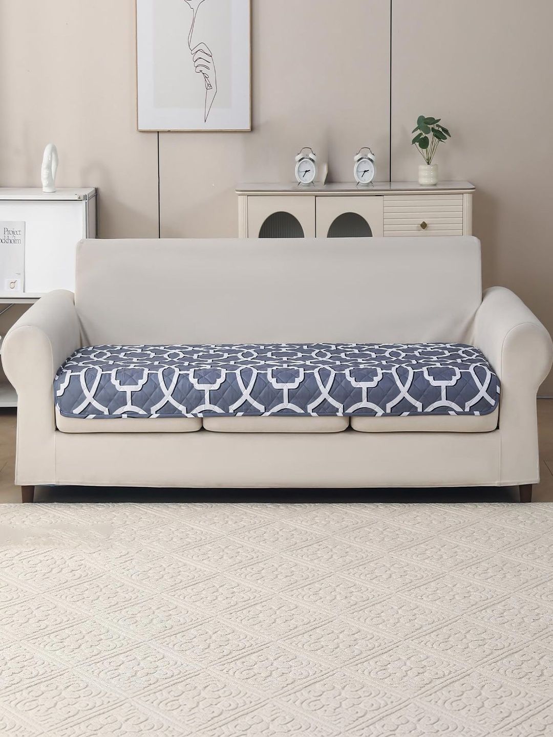 HOUSE OF QUIRK Grey & Grey Printed Polyester Blend 1 Piece Sofa Cover Without Arms-image-19