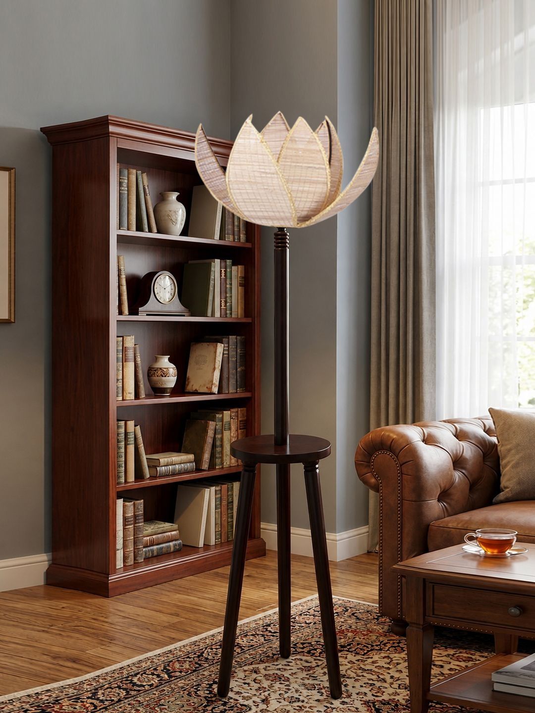 Myntra Elegant Homes Beige & Brown Wooden Shelf Floor Lamp-image-26