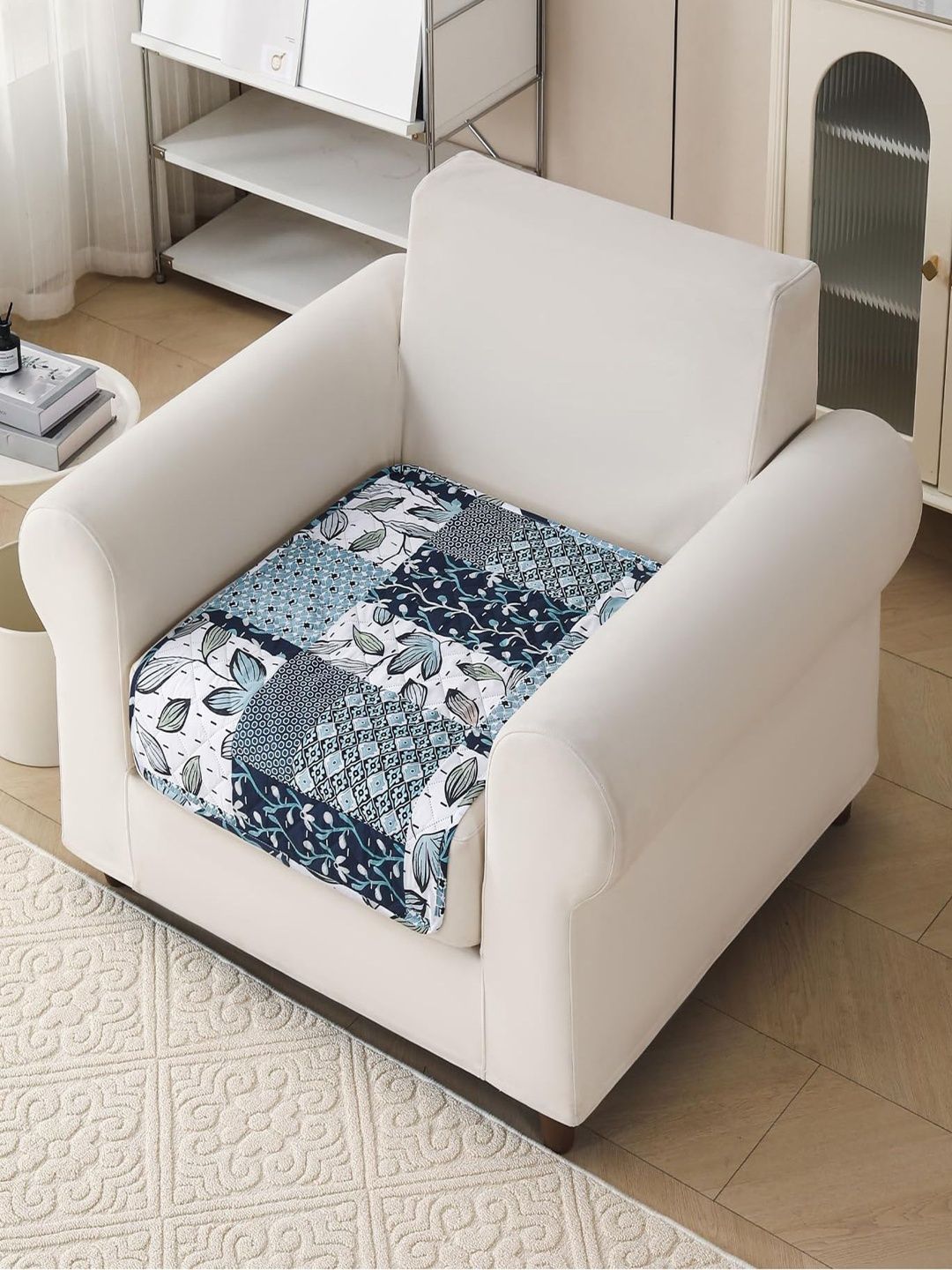 HOUSE OF QUIRK Blue & White Printed Polyester Blend 1 Piece Sofa Cover Without Arms-image-30