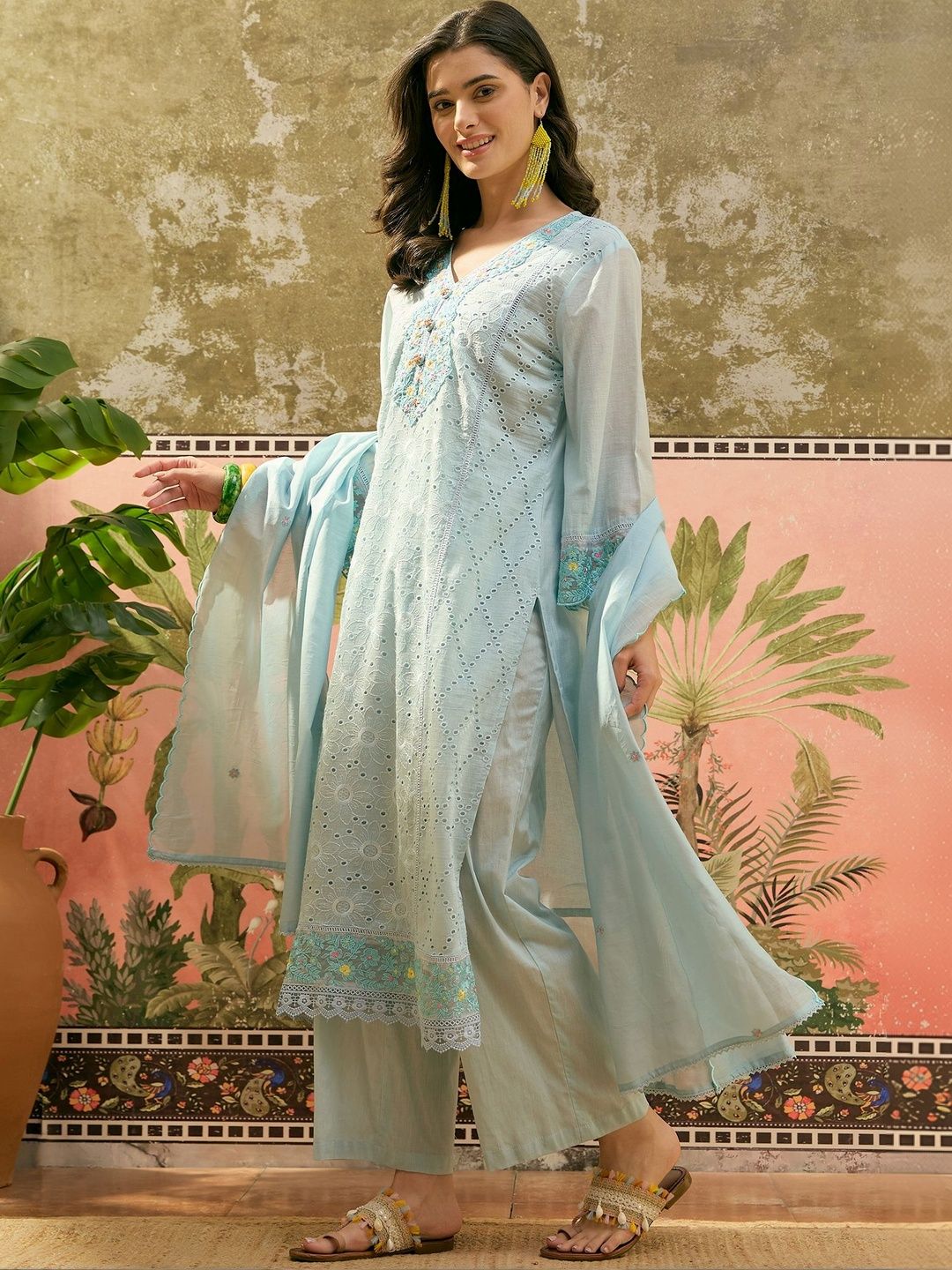 Sangria Women Ethnic Motifs Embroidered Regular Chikankari Pure Cotton Kurta with Palazzos & With Dupatta-picture-36