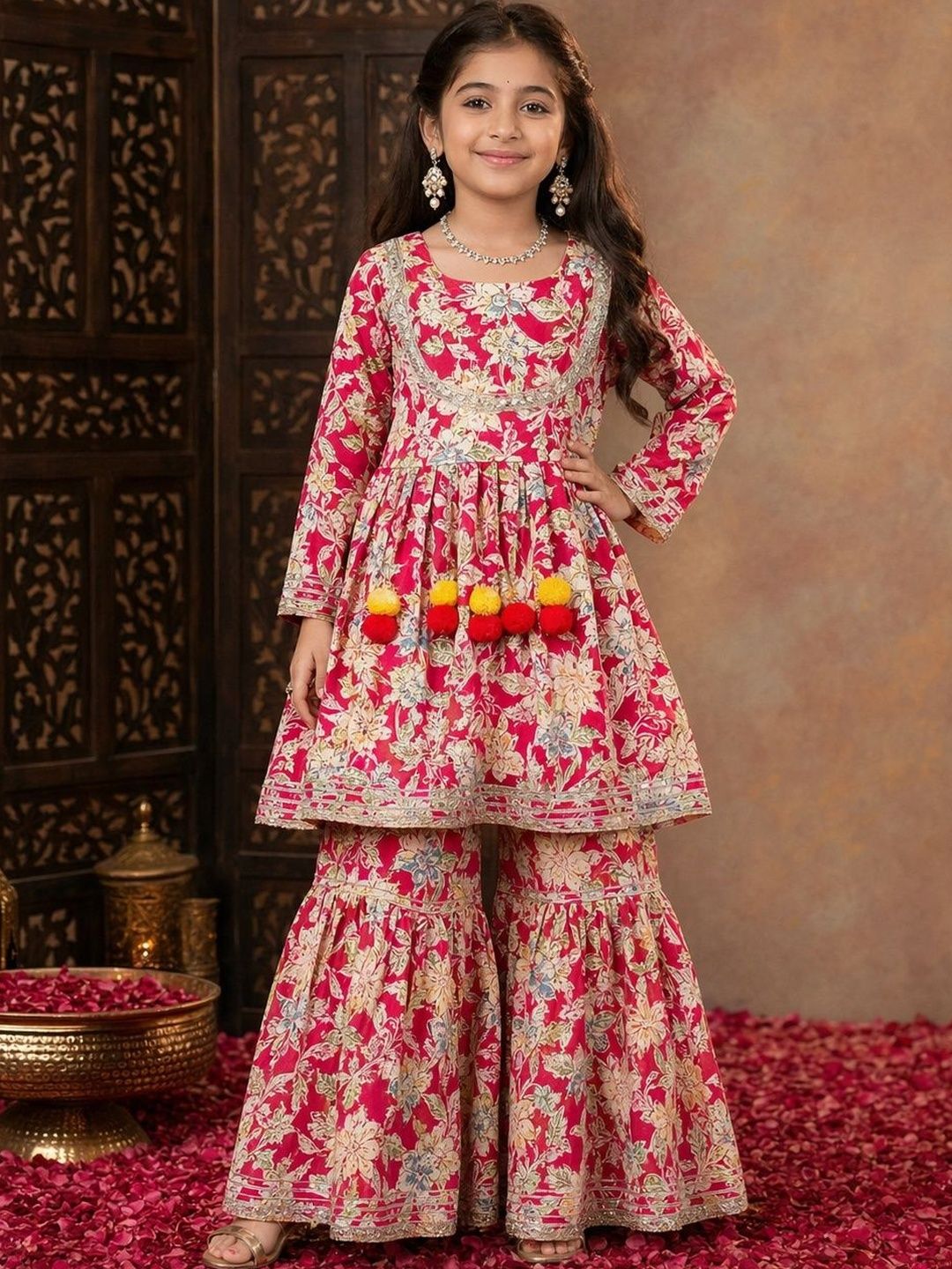 Sangria Girls Floral Printed Pleated Thread Work Pure Cotton Kurti with Sharara-picture-20