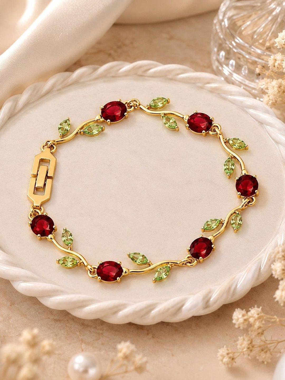 Aurivelle Stainless Steel 18K Gold Plated Anti Tarnish Ruby Tulip Floral Bracelet-picture-12