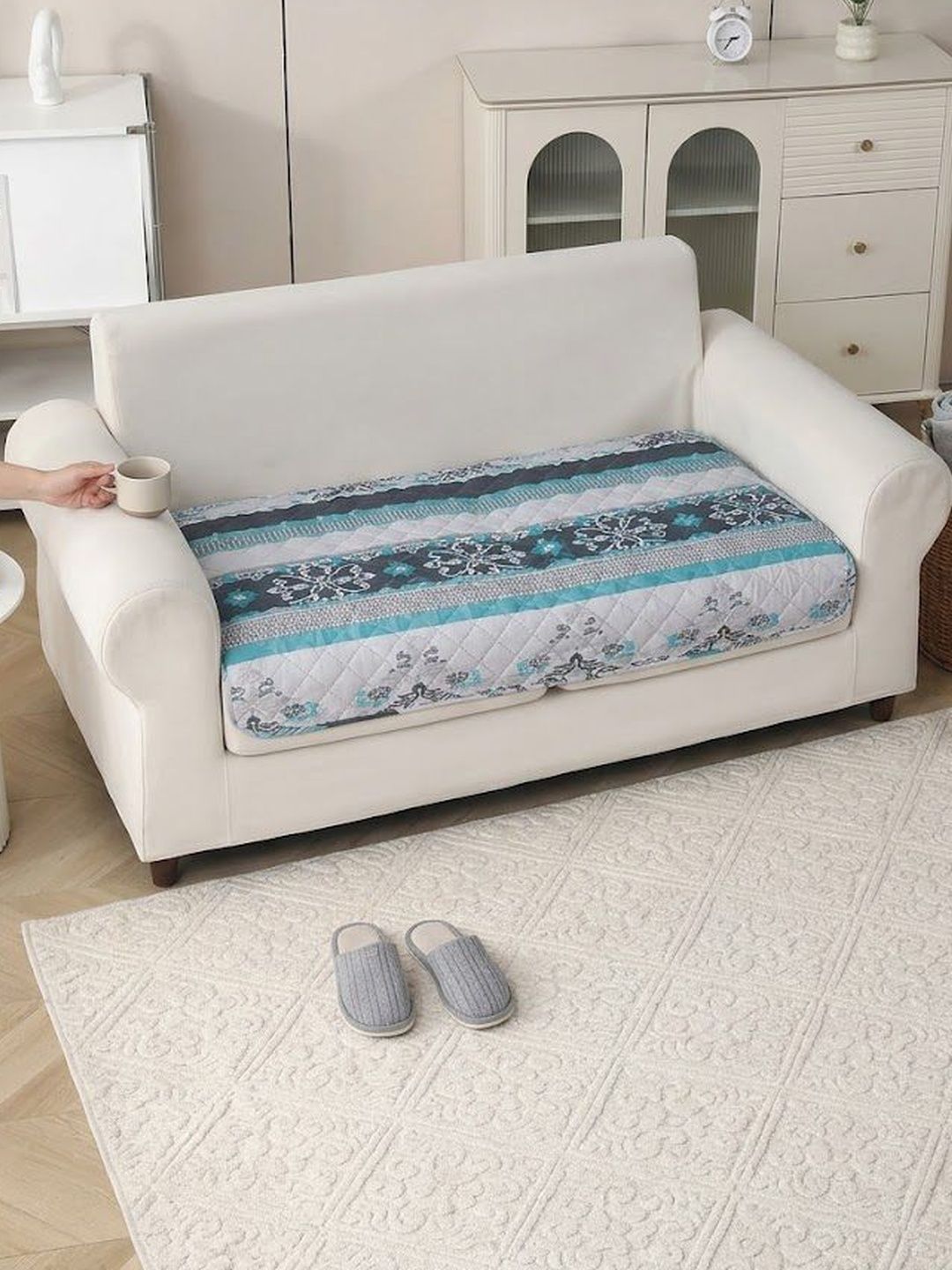 HOUSE OF QUIRK Green & White Printed Polyester Blend 1 Piece Sofa Cover Without Arms-image-14