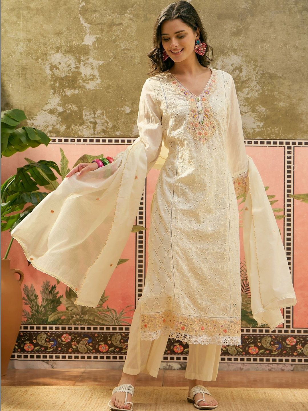 Sangria Women Ethnic Motifs Embroidered Regular Thread Work Pure Cotton Kurta with Trousers & With Dupatta-picture-26