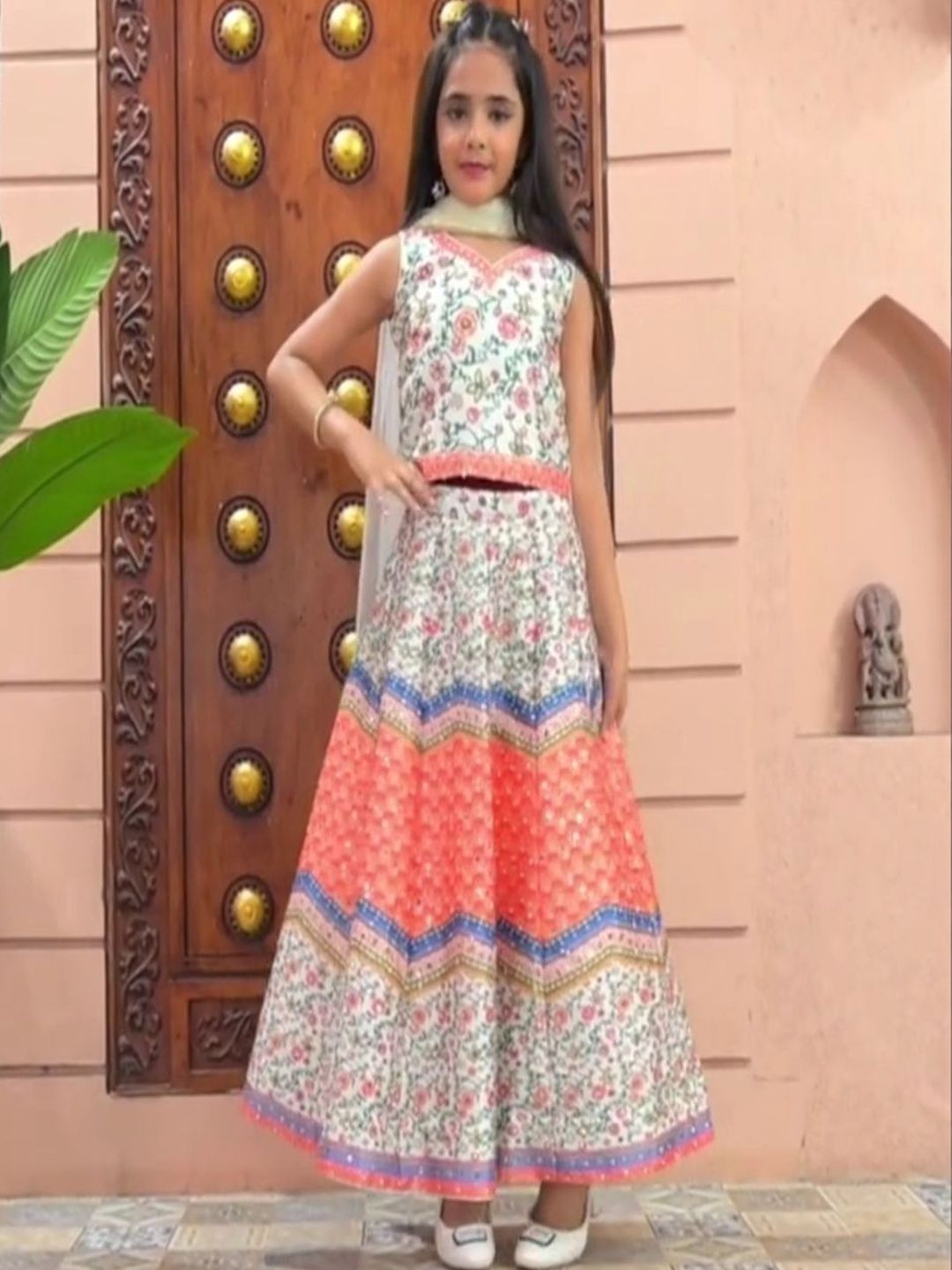 Sangria Girls Printed Mirror Work Tie and Dye Semi-Stitched Lehenga & Blouse With Dupatta-picture-39