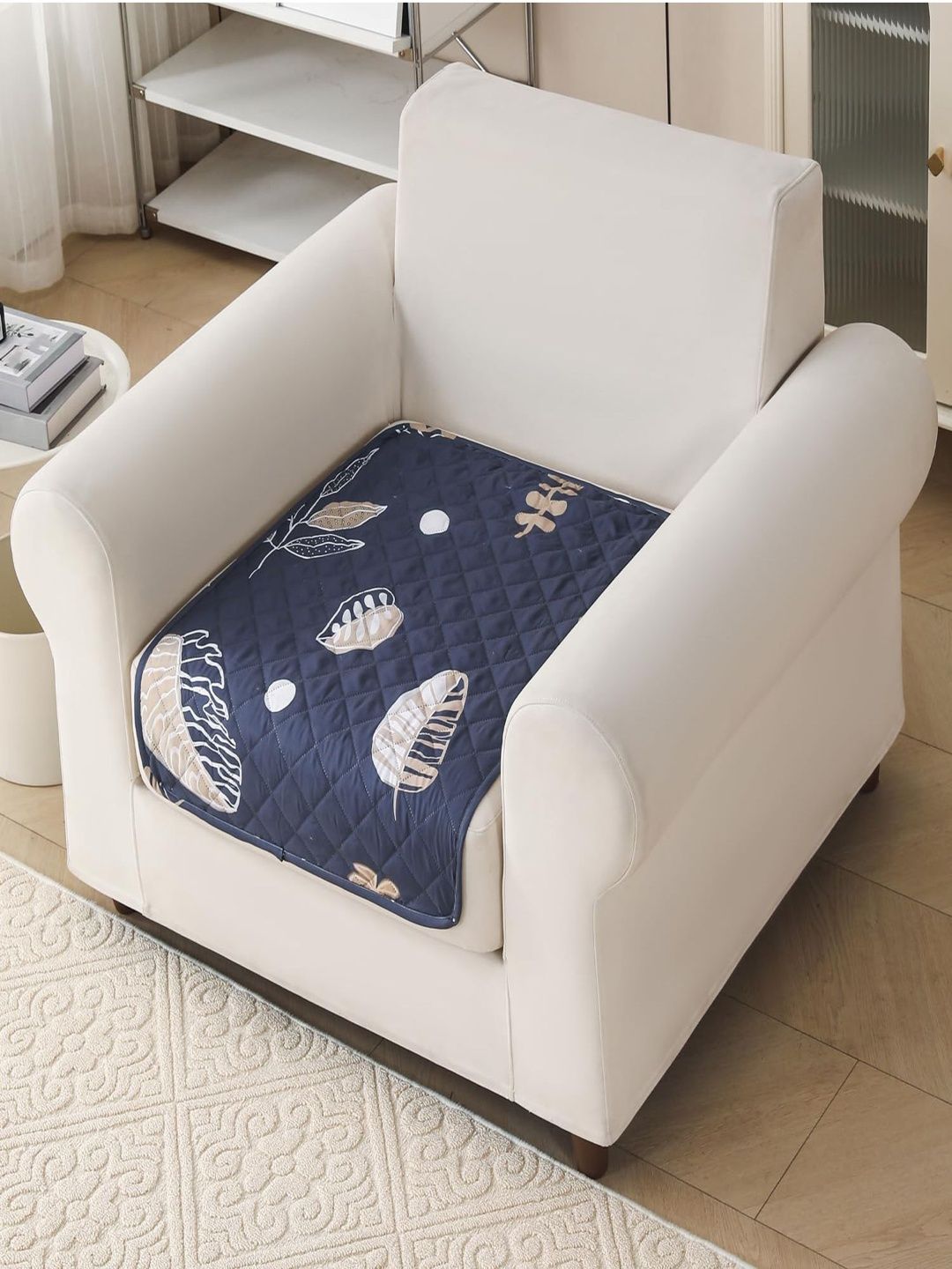 HOUSE OF QUIRK Charcoal & Navy Blue Printed Polyester Blend 1 Piece Sofa Cover Without Arms-image-28