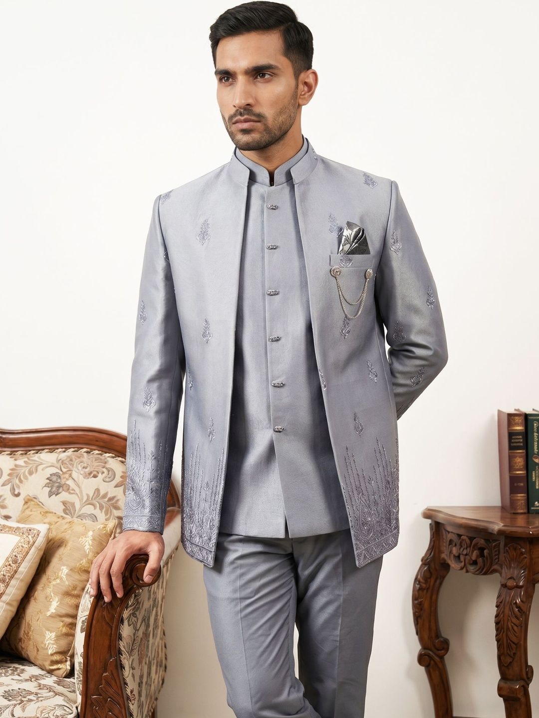 Jompers Embroidered Mandarin Collar Sherwani-image-31