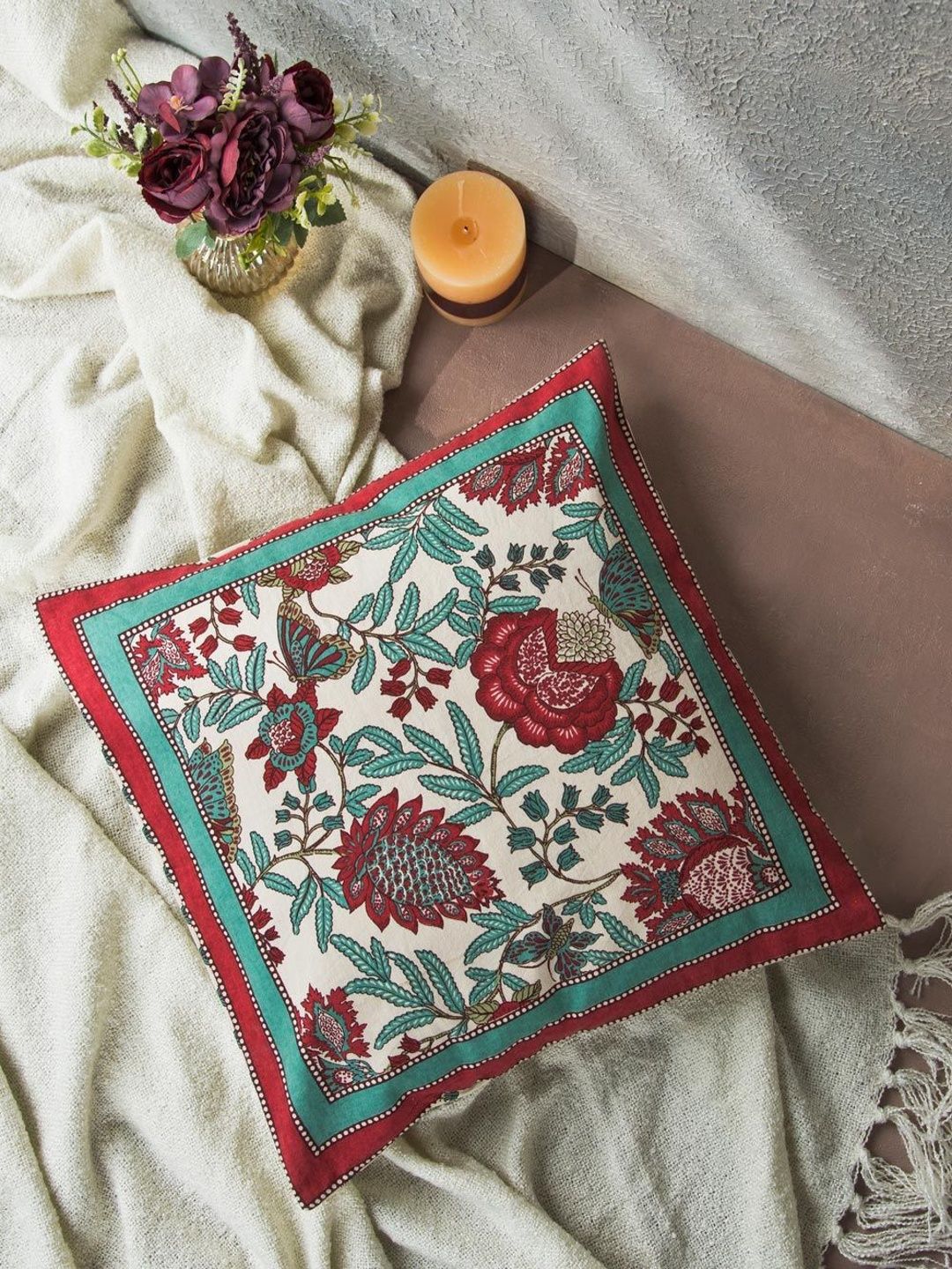 Fabindia Red Floral Square Cushion Covers-picture-15