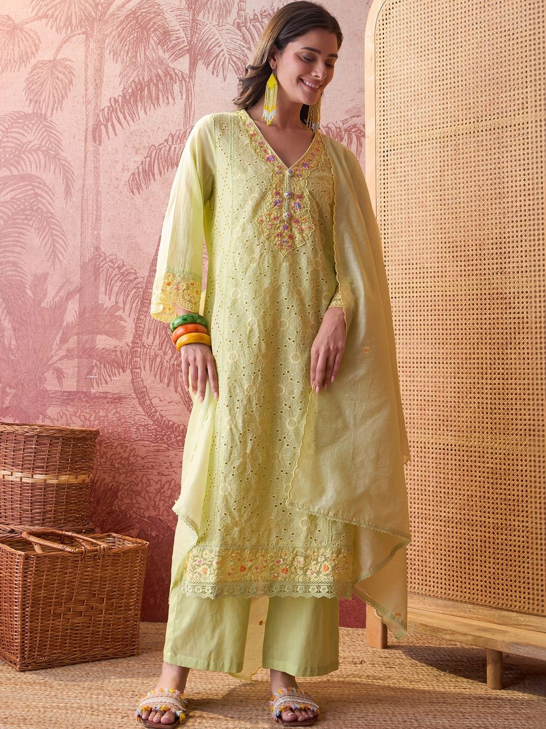 Sangria Women Ethnic Motifs Embroidered Regular Chikankari Pure Cotton Kurta with Palazzos & With Dupatta-picture-36